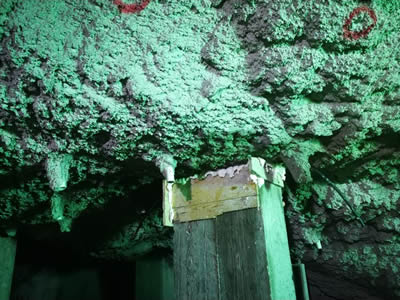 Figura 16 – Detalhe reforço da abóbada da caverna com acabamento do pilar junto a 2 alvos topográficos.